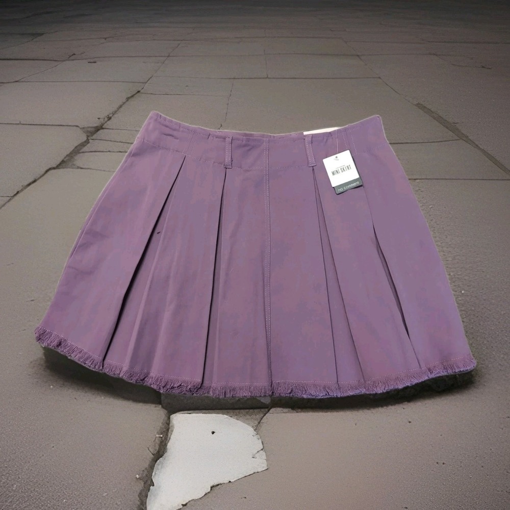 No Comment Pleated Twill Mini Skirt Purple Frayed Hem RW233120 Women Large NEW